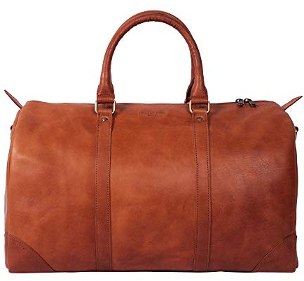 HOLZRICHTER Berlin - Weekender aus Leder für Herren (No 8-1), Reisetasche 27x50x25 cm, Handgefertigte Echtleder Umhängetasche mit Schultergurt, für Handgepäck, Cognac