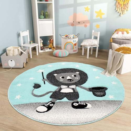 carpet city Kinderteppich Türkis, Mint - 120 cm Rund - Tiermotiv Löwe - Moderne Kinderzimmerteppiche Kurzflor Spielzimmer Babyzimmer