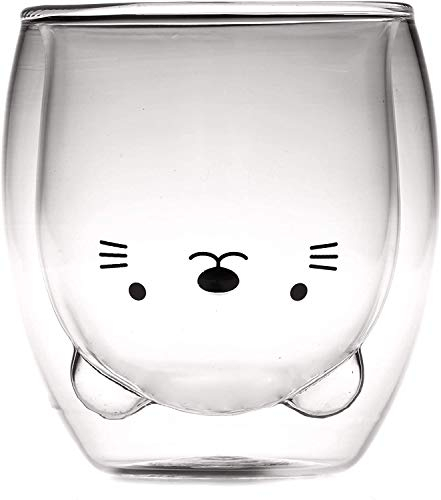 HwaGui Simpatica tazza in vetro a doppia parete, tazza da caffè personalizzata per latte e tè, per regalo di compleanno, 250 ml, motivo: gatto