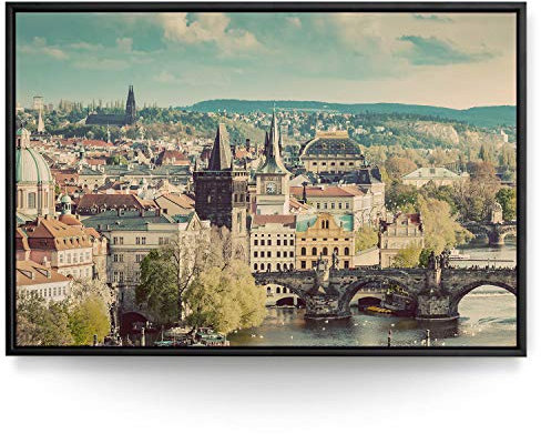 Skyline Leinwand-Bild 180x120cm mit schwarzen Schattenfugenrahmen. XXL Wandbild im Galerieformat. EIN eindrucksvolles Bild, Prag als Kunstdruck für Wohnzimmer, Schlafzimmer