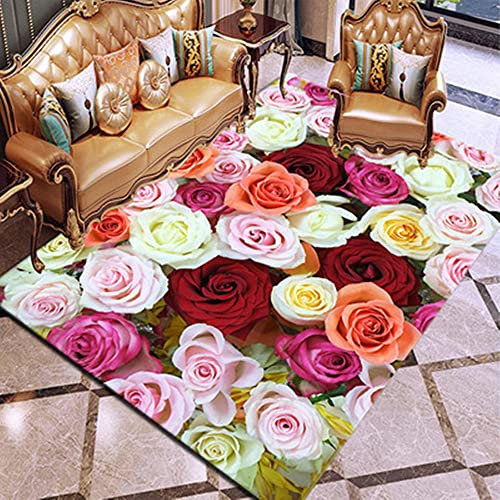 3D Rose Blume Rot Weiß Rosa Bunt Gemusterter Teppich Schlafzimmer Teppich Wohnzimmer Schlafzimmer Dekoration Bodenbelag Innenbereich Teppich Waschbar Anti-Rutsch-Teppichpolsterung (A1,100x200cm)