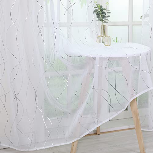 Yujiao Mao Voile Transparente Gardine mit silbern glänzenden Streifen Wohnzimmer Schlafzimmer Mordern Vorhang mit Kräuselband Gardinenschals Weiß BxH 140x225cm 1er Pack