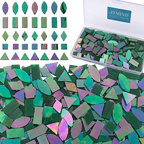 LITMIND Schillernde Glasmosaikfliesen zum Basteln, 240 Stück 5 Formen gemischte grüne Buntglasstücke, Mosaik-Kits für Erwachsene (Irisierendes Grün)