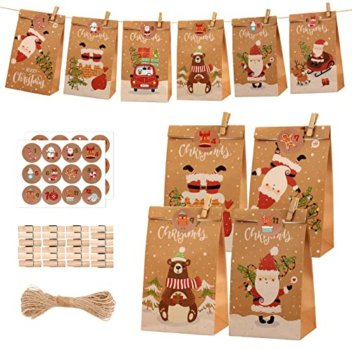 2025 Adventskalender zum Befüllen Kinder, 24Pcs DIY Adventskalender Tüten, Adventskalender zum Selbstbefüllen mit Zahlen Aufkleber &Holzklemme, Weihnachten Geschenktüten Kalender für Kinder&Erwachsene