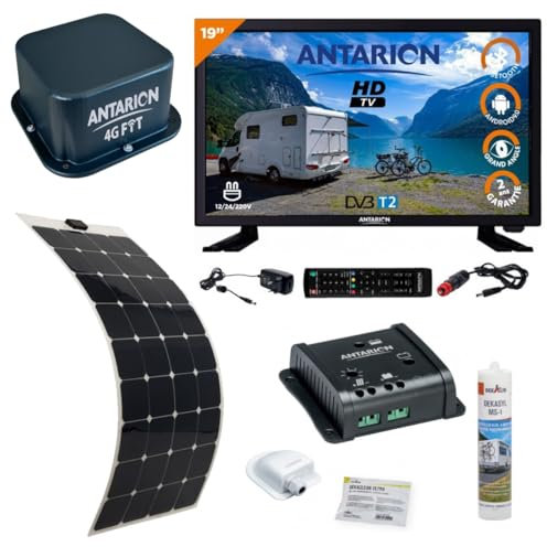 Antarion Pack Antenne 4G Wi-FI + TV LED 19 48cm HD Smart + Panneau Solaire Souple 150W + Régulateur idéal Van Camping Car