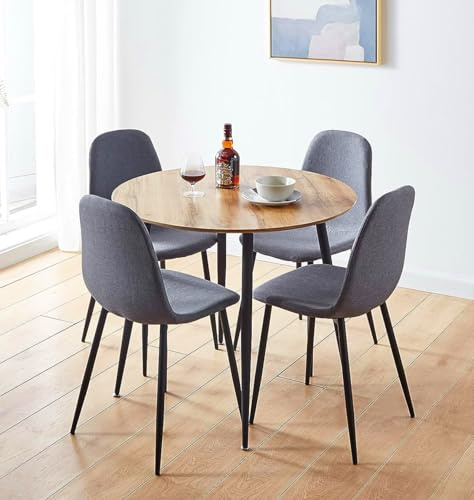 Hallowood Furniture Cullompton Small Round Dining Table and Chairs Set 4 | Woodgrain Effect Top 90cm Kitchen Table and Chairs in Grey Fabric Upholstery and Metal Legs, Modern 4 Seater Dining Room Sets