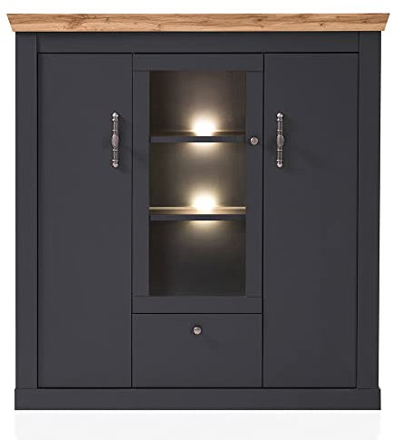 Lomadox Highboard Sideboard Hochkommode Landhaus inkl. Beleuchtung in anthrazit mit Wotan Eiche Nb., B/H/T ca. 141/146/45 cm