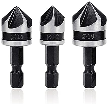 Mesee 3Pcs Fraises à Chanfreiner 90 Degrés 5 Flûte Fraise Conique à Noyer Foret Fraisage Bois de 1/4 Tige Hex en Acier 12mm/16mm/19mm Outil Coupe Chanfreinage Fraisoir pour Bois PVC