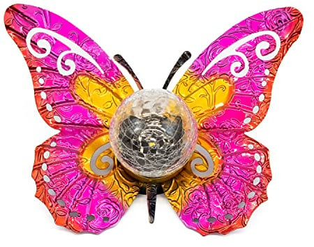 Gardenwize - Solar-Powered Butterfly Garden Stake Light with Crackle Glass Ball – Decorative Metal Solar Garden Ornament, Outdoor Stake Light for Gardens