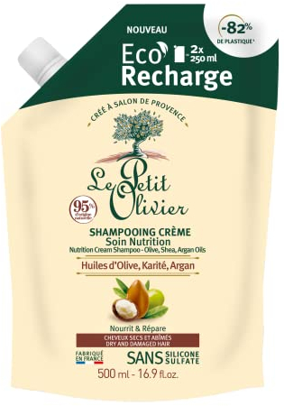 LE PETIT OLIVIER - Eco-Recharge Shampooing Crème Soin Nutrition - Huiles D'Olive, Karité & Argan - Nourrit & Répare - Cheveux Secs & Abîmés - Sans Silicone, Sans Sulfate - Fabriqué en France - 500ml