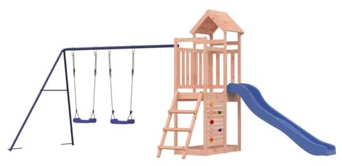 vidaXL Spielturm, Klettergerüst mit Rutsche Schaukel Kletterwand, Kinder Kletterturm mit Holzdach, Spiel-Zubehör für Garten, Holz Spielplatz, Massivholz Douglasie