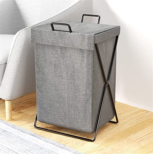 GIBZ Cesta Plegable Colada Cesto Ropa Sucia con Tapa Cesta de Almacenamiento de AlgodóN Y Lino Impermeable Desmontable Gris Oscuro（Con Tapa）