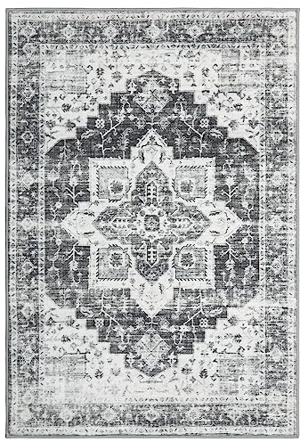 LuxFocus Vintage-Orientalteppich, Wasser- und schmutzabweisend, Innenteppich, rutschfest, Kurzflor, orientalischer Design-Teppich für Schlafzimmer, Wohnzimmer, Esszimmer, Küche, 80 x 150 cm, Grau