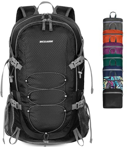BECOJADDE Wanderrucksack Herren Damen 40L Ultraleichter Faltbarer Rucksack Wasserdichter Reiserucksack Trekkingrucksack mit Nassfach für Wandern, Reisen, Radfahren und Klettern, Schwarz