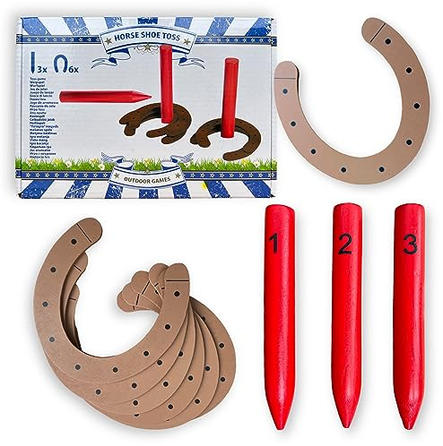 MIJOMA Outdoor-Spiel Hufeisen werfen: Horse Shoe Toss, Familienfreundliches Set mit 6 Hufeisen & 3 Mini-Pfählen, Aus Holz gearbeitet - Der Hit für Party, Camping, Hof & Rasen