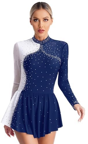 Jowowha Damen Eiskunstlauf Kleid Glitzer Ballettkleid Eislaufkleid Langarm Rollschuhkleid Ballerina Kleid Latein Tanzkleid Wettbewerb Tanzkostüm Marine Blau S