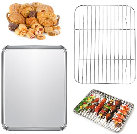 MININUSI Bandeja de Horno Con Rejilla de Enfriamiento y Parrilla - Fuente Con Rejilla Para Horno de Acero Inoxidable Para Pizza y Galletas - 26,5x20x2,5 CM