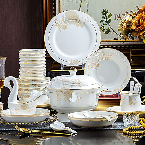 Juego de vajilla de 42 piezas, porcelana blanca, vajilla de cocina de porcelana blanca, servicio combinado para 6 personas con tazones de cereales, platos, vajilla y olla sopera con borde dorado,