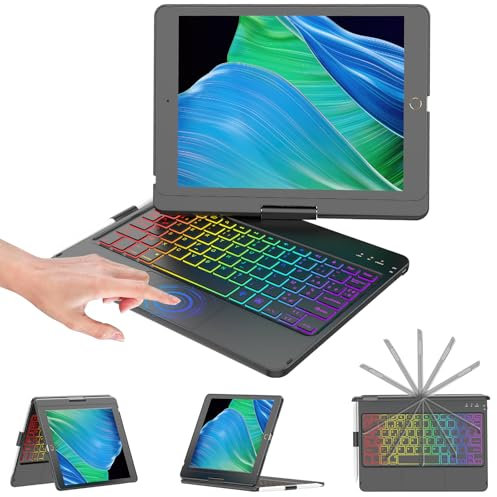KBCASE Clavier iPad 9ème Génération, 360° Flip Coque Clavier sans Fil Bluetooth avec Multi-Touch Trackpad & éclairage Coloré à 7 Couleurs pour iPad 9/8/ 7 ème Génération 10.2 2019-2021