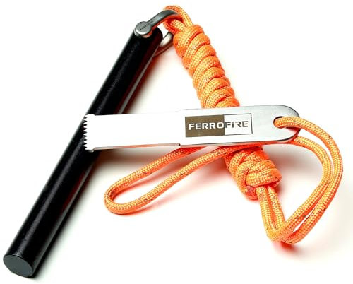 FERROFIRE FS125 Schweres Feuerstarter-Set mit 12,7cm Ferrocerium-Stab, Magnesiumkern, 4-Kanten Schlaggerät & 550 Paracord für Outdoor, Survival, Camping, Notfallausrüstung - Wasserdicht & Windfest