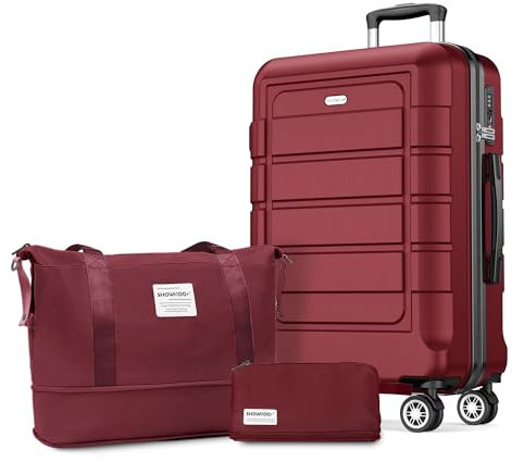 SHOWKOO Koffer Groß Hartschale Leicht ABS+PC Erweiterbar Reisekoffer Haltbar Handgepäck Sets 4 Rollen TSA-Schloss mit 1 Reisetasche und 1 Kulturtasche, XL -Rot