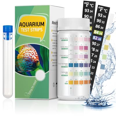 Pawfly Aquarium Süßwasser Teststreifen 6 in 1 Teststreifen Kit für Ph Kontrolle der Wasserqualität mit Teströhrchen und Klebe-Thermometer, 100 Streifen