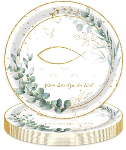 MAGLAUG Assiettes en carton jetables pour confirmation, communion, baptême, eucalyptus, décoration de table pour baptême, confirmation, communion, fille et garçon (24, L 22, L 22,9 cm)