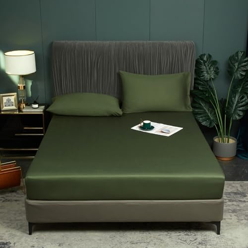 Luofanfei Bambus Lyocell Spannbettlaken 90x200cm Grün Olivgrün Kühlend | Boxspringbett Topper Bambusfaser Bettlaken Glänzend Spannbetttuch Uni Spannbetttücher für Hohe Matratze bis 25-30 cm