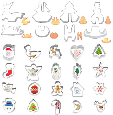 KATIMI 28 Stück Mini Ausstechformen Weihnachten Set, 3D Keksausstecher, Edelstahl Ausstecher, Plätzchenausstecher zum Backen von Lebkuchenmann, Baum, Zuckerstange, Schneemann