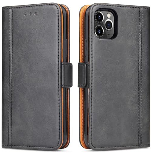 ROJIOJIO Handyhülle für iPhone 11 Pro, Leder Handytasche Kartenfach Klappständer Magnetisch Lederhülle für Apple iPhone 11 Pro Hülle, Schwarz
