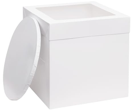 The Baked Studio - 12mm Thick Round White Gloss Cake Drum and Tall Box With Window (10 Inch)