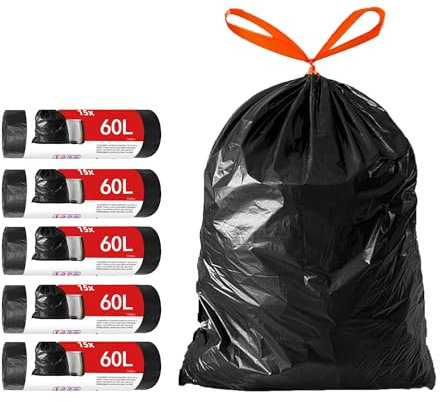 TARUNMO Lot de 100 sacs poubelle ultra résistants de 50 à 60 l avec cordon de serrage rouge pour la maison ou le camping, sacs poubelle de cuisine, 70 x 62 cm, grands sacs poubelle noirs