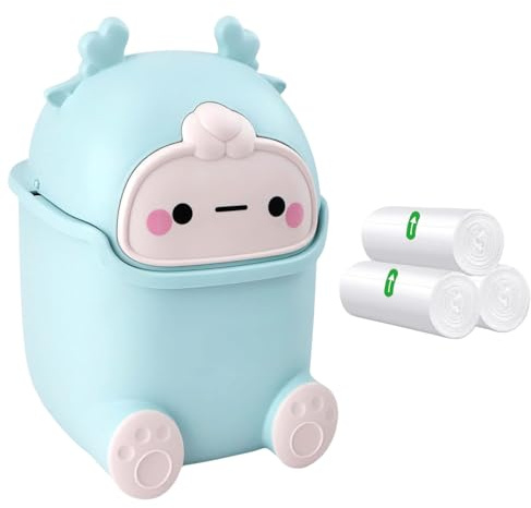 Mini Desk Bin, Cute Desktop Trash Can Wastebasket with 3 rolls Trash Bags, Creative Tiny Trash Can with Flip Lid, Cartoon Plastic Countertop Garbage Can for Bedroom, Kitchen, Office (Blue)