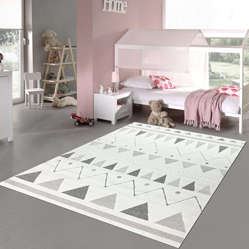 Teppich-Traum Teppich Kinderzimmerteppich kuschelig Hoch-Tief-Effekt Dreieckmuster mit Zig-Zag Creme beige, 140 x 200 cm
