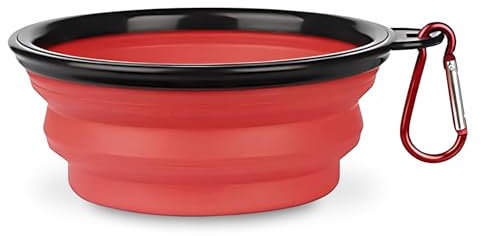 Ciotola da Viaggio per Cani e Gatti 450 ml, Pieghevole per Acqua e Crocchette, in Silicone Portatile Con Moschettone, Accessori per Animali (Rosso)