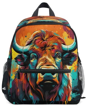 DDDIYEU Coole Aquarellkunst Bison Kleinkind Rucksack Kinder Leichtgewicht Büchertasche Vorschule Schülerrucksack für 2-7 Jahre die Reise Mädchen Jungs