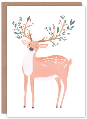 Wee Blue Coo Greeting Card Cute Deer with Decorated Antlers Watercolour For Her Woman Xmas Christmas Card