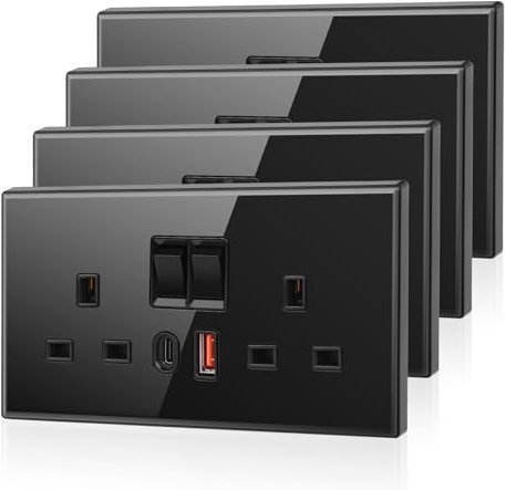 4 Pack CNBINGO USB Type C Glass Double Socket, 20W Max Fast Charging, Double Switched Socket with 20W PD USB C and A, 2 Gang Electric Power Socket, Black Wall Outlet with Tempered Glass Panel