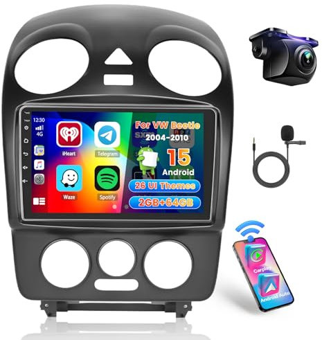 Hikity 2+64GB Autoradio Pantalla para VW Beetle 2004-2010 Inalámbrico Carplay Android Auto, 9 Pulgadas Pantalla Táctil Estéreo Bluetooth con WiFi GPS EQ FM/RDS SWC Cámara Trasera