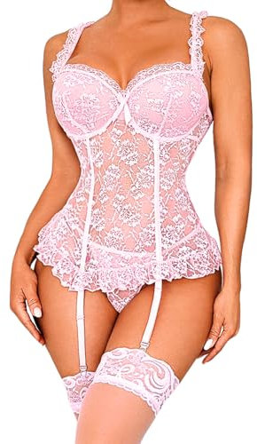 EVELIFE Body sexy in pizzo, lingerie sexy da donna, set di lingerie sexy in pizzo, con pizzo floreale, babydoll, biancheria da notte con perizoma e calza, Colore: rosa., XXL