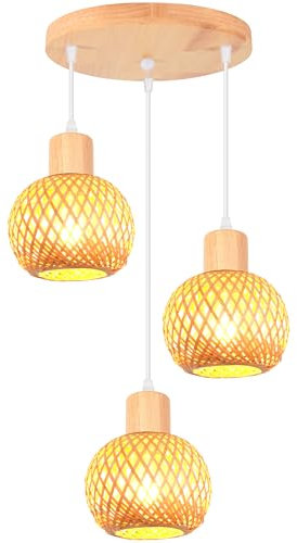 iDEGU 3 Lampes Lustre en Bambou et Bois Vintage Lampe 13cm Mini Abat-jour à Boule Rotin Vintage Suspension Luminaire Style Bohème E27 Luminaire Plafonnier Décor pour Salon Chambre Couloir Café (Rond)