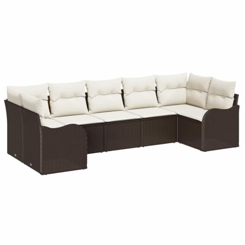 vidaXL 7-teilige Garten-Sofagarnitur mit Kissen in Braun aus Poly Rattan – wetterfeste Kissenbezüge für die Terrasse, modulare Lounge-Sitzgruppe