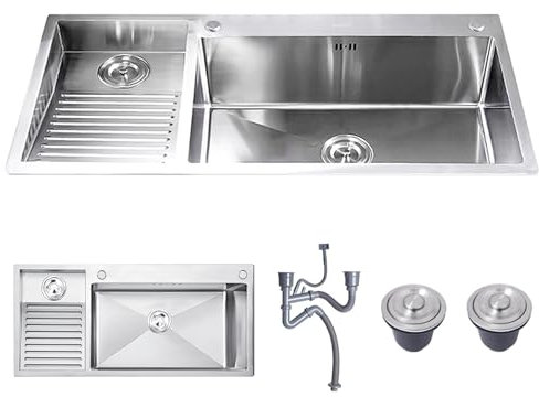 Lavello Doppio in Acciaio Inox 120 x 48 cm con ASSE di Lavaggio e Set di Scarico, Facile da Pulire, lavatoio per Balcone, Grande capacità, per Lavanderia