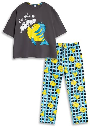 Disney The Little Mermaid Flounder Women's Black and Blue Short Sleeve Long Leg Pyjama Set | 'I'm Not a Guppy' Quote | Film Inspired Sleepwear Merch