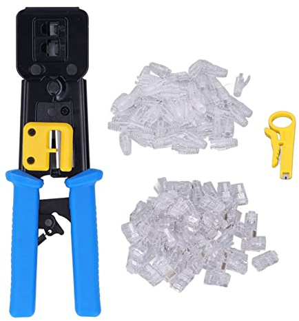 Crimping Tool Kit High Carbon Steel Cable Maintenance Tool with 50PCS RJ Connectors and Cover Efficient Installation Testing Wire Stripping for Internet Cable Repair