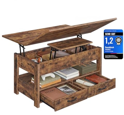 VASAGLE Couchtisch, höhenverstellbar, Gaszylinder, 2 Schubladen | Wohnzimmertisch, 3 Fächer unter der Tischplatte, 1 offenes Fach, rustikales Braun, SIREN Kollektion LCT254K201