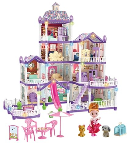 Mädchen Puppenhaus,4 Etagen 13 Zimmer Miniatur Bausatz Villa,Puppenhaus mit 3 Prinzessinnen, 2 Welpen und Möbel Zubehör | Für Kinder von 4-6 Jahren Rollenspiel Vorstellungsspiel
