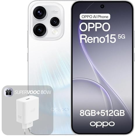 OPPO Reno15 5G Unlocked Smartphone, 8+512GB, 3.5X Telefoto Vibe Portrait, 6.59 120Hz AMOLED HDR10+ Display, 6500mAh Akku, Snapdragon 7 Gen 4, IP69, Aurora White (Inkl. 80W SUPERVOOC Ladegerät)
