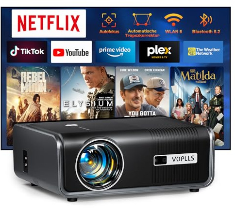 Smart Beamer 4k [Offiziell Netflix & Dolby Audio] VOPLLS Autofokus/Trapezkorrektur 30000 Lumen Projektor, WiFi6 Bluetooth Full HD 1080P Beamer Heimkino/Outdoor für Handy/PC