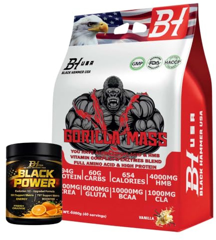 Black Hammer USA - Gorilla Mass Gainer 4KG / 8KG – 45g Protein, 30g Carbs, Creatine, BCAA, Glutamine & HMB – Weight Gainer for Muscle Growth & Recovery + FREE Black Power Orange (4000g, Vanille)